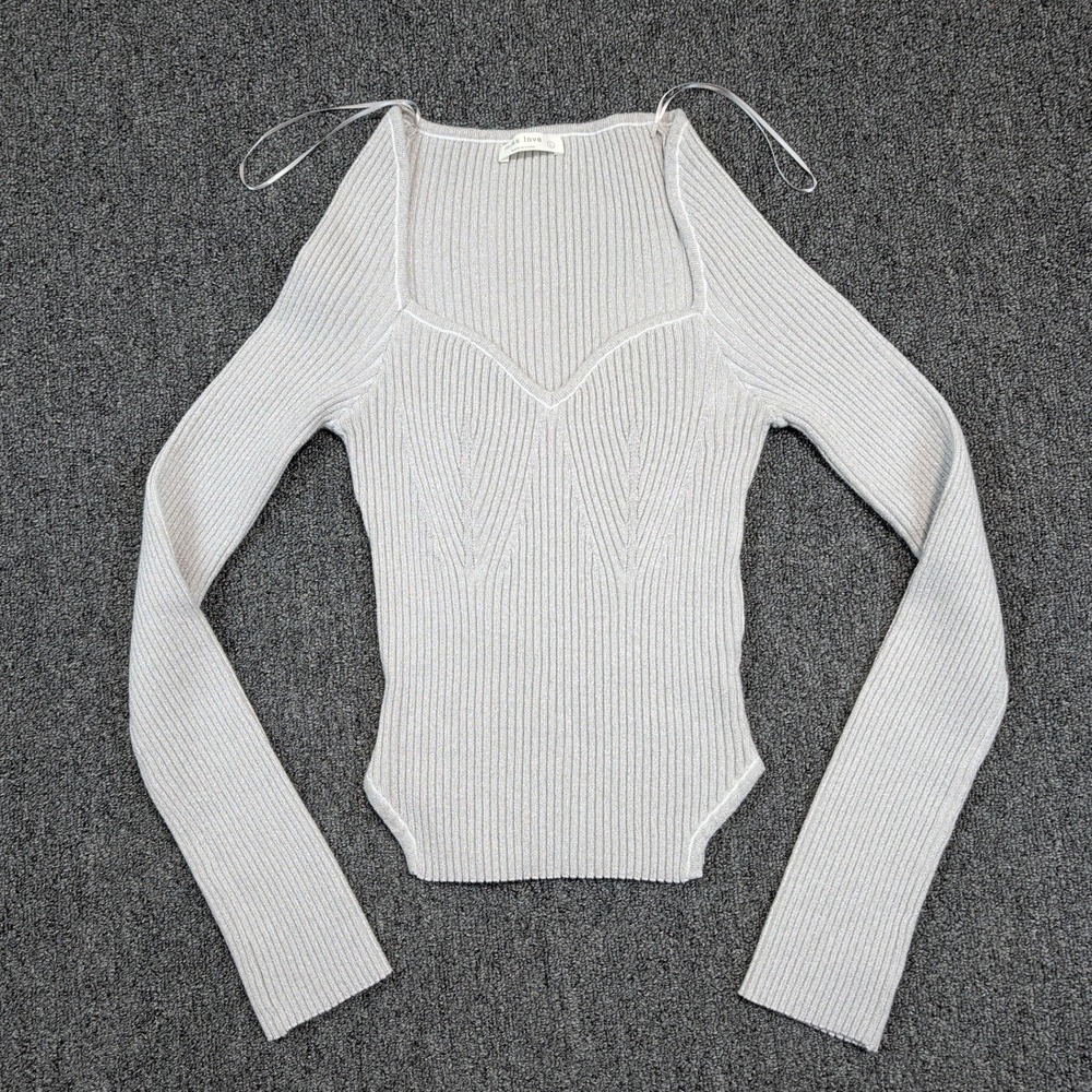 Miss Love Y2K Metallic Sweetheart Neck Ribbed Knit Top Large Silver Shimmer Glam